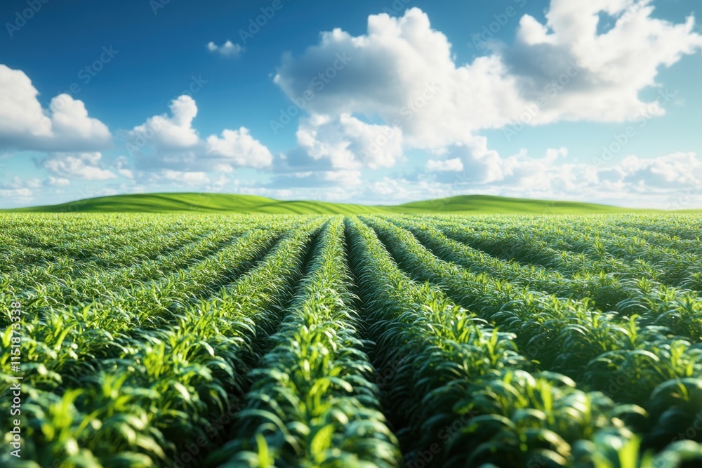 Lush green crop field under a bright blue sky with fluffy clouds in the background Lush green crop field under a bright blue sky with fluffy clouds in the background