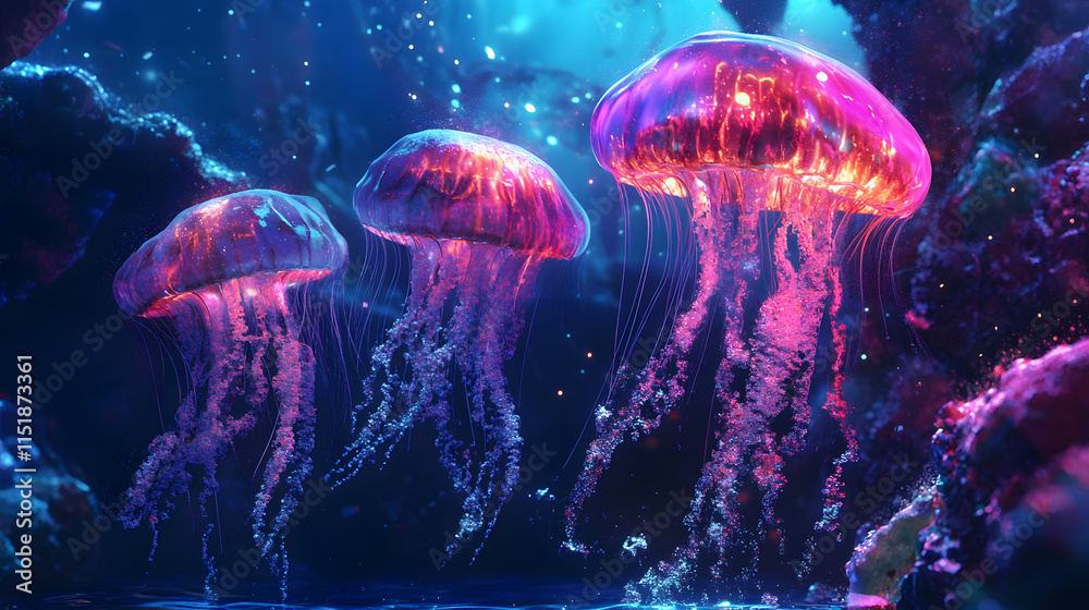 Glowing jellyfish in vibrant neon colors floating underwater. Glowing jellyfish in vibrant neon colors floating underwater.