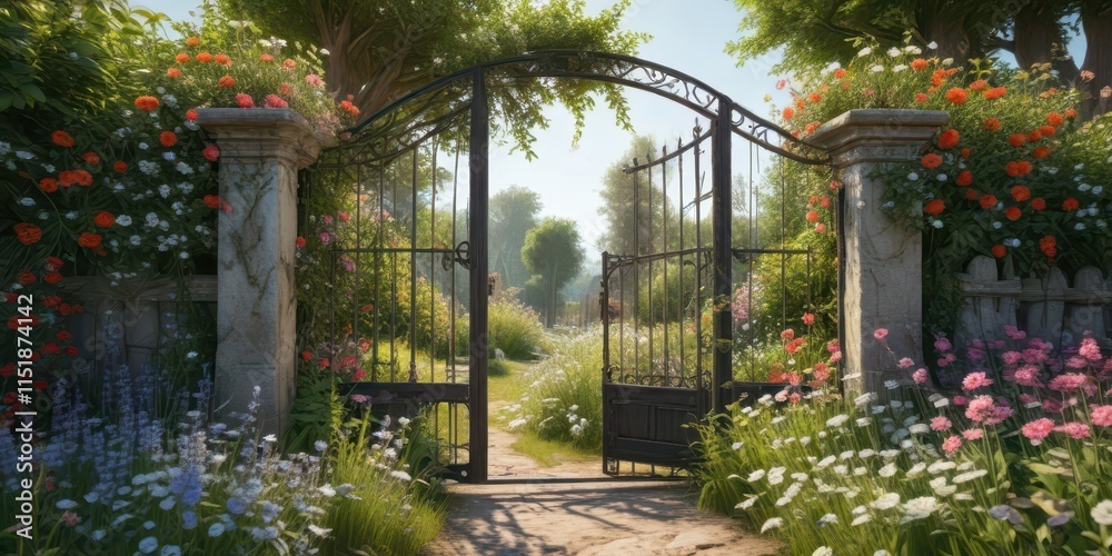 Fototapeta premium Overgrown garden gate surrounded by wildflowers, flowers, plants