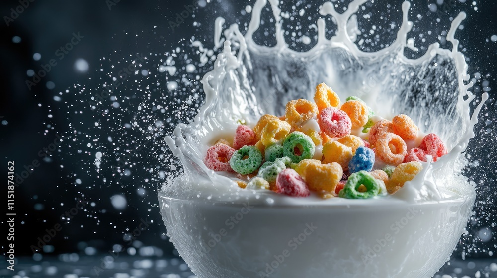 A heaping bowl of colorful cereal in milk, with a playful splash effect caught in motion. A heaping bowl of colorful cereal in milk, with a playful splash effect caught in motion.