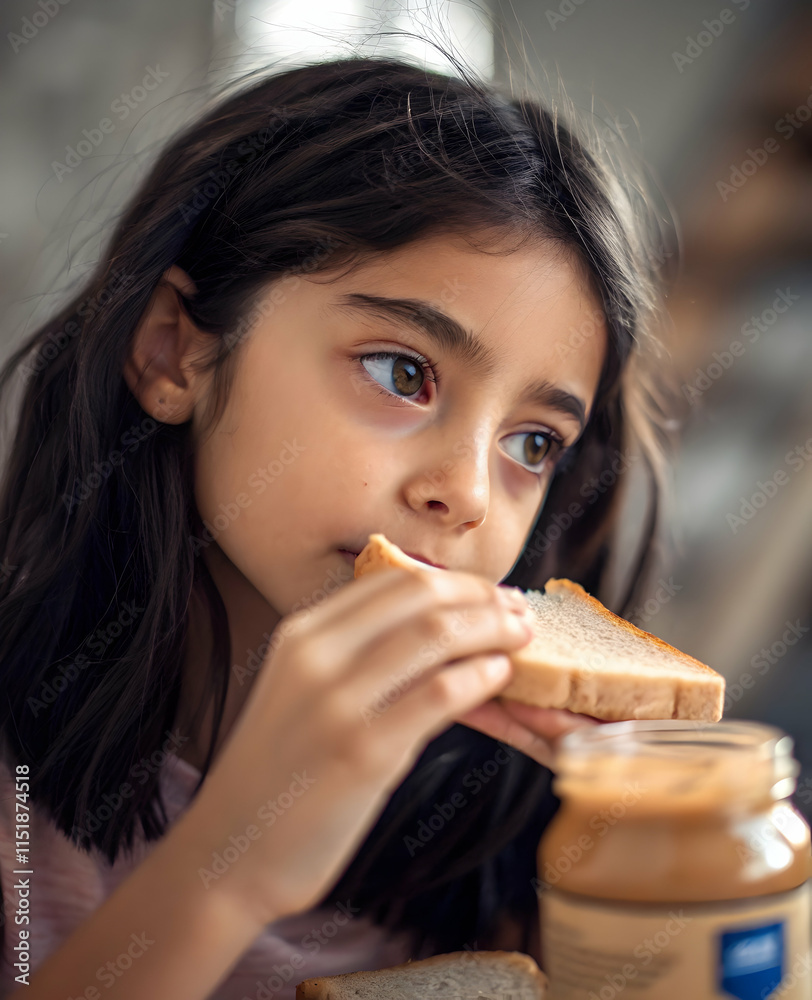 Portrait of a young girl with a peanut butter sandwich and soft focus Portrait of a young girl with a peanut butter sandwich and soft focus