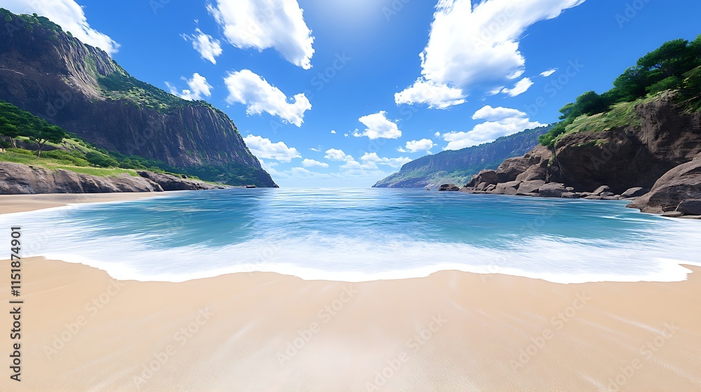 Fototapeta premium Secluded Tropical Beach Cove Turquoise Water Cliffs Sunny Sky