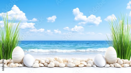 Serene Beachscape  White Eggs  Stones    Grass photo