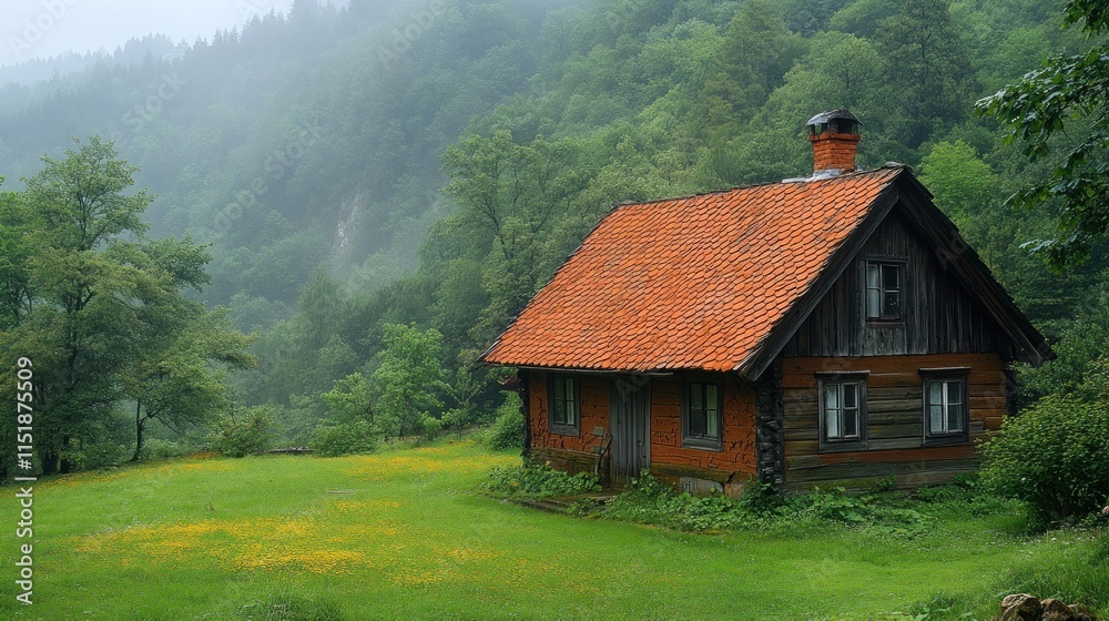 Obraz premium Rustic wooden cabin nestled in a misty green valley.