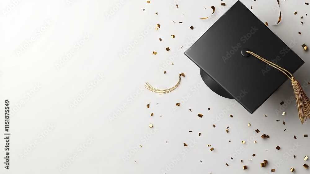 Elevated graduation invitation mockup featuring a classic academic cap on a light, minimalistic background surrounded by festive confetti for memorable celebration announcements