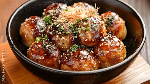 Delicious Takoyaki Balls with Savory Sauce and Garnishes in Bowl