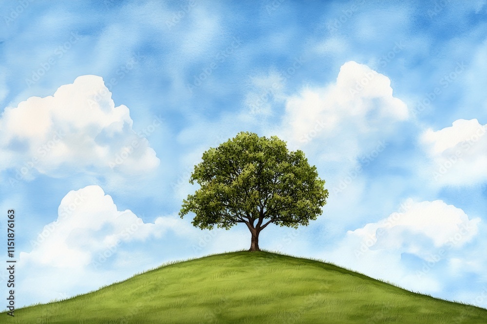 Obraz premium A soft watercolor painting of a tree growing on a hill, with vibrant green leaves blending into a dreamy blue sky