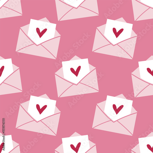 Valentines Day seamless pattern with pink envelopes. Cute print with love letters. Banner, poster, background, textile, notepad cover, wallpaper, wrapping paper template.