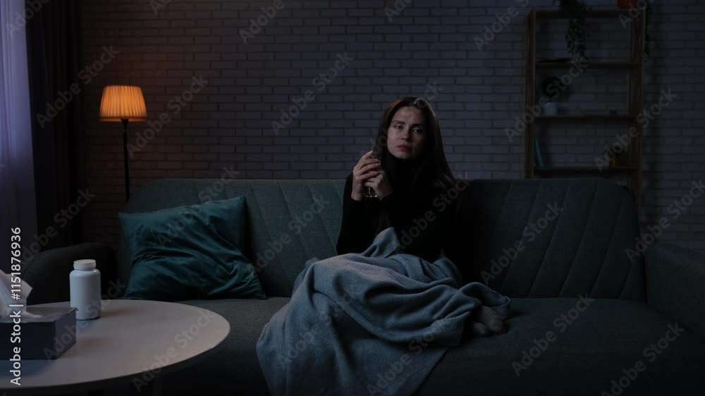Woman suffering mental health issues, sitting on the sofa covered in blanket, depressed expression, drinking glass of water, thinking calming down. Woman suffering mental health issues, sitting on the sofa covered in blanket, depressed expression, drinking glass of water, thinking calming down.