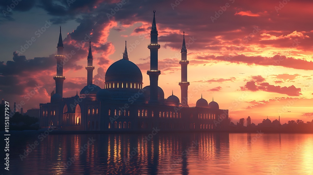 Fototapeta premium A stunning view of an Islamic mosque at sunset, its domes and minarets glowing softly in the fading light