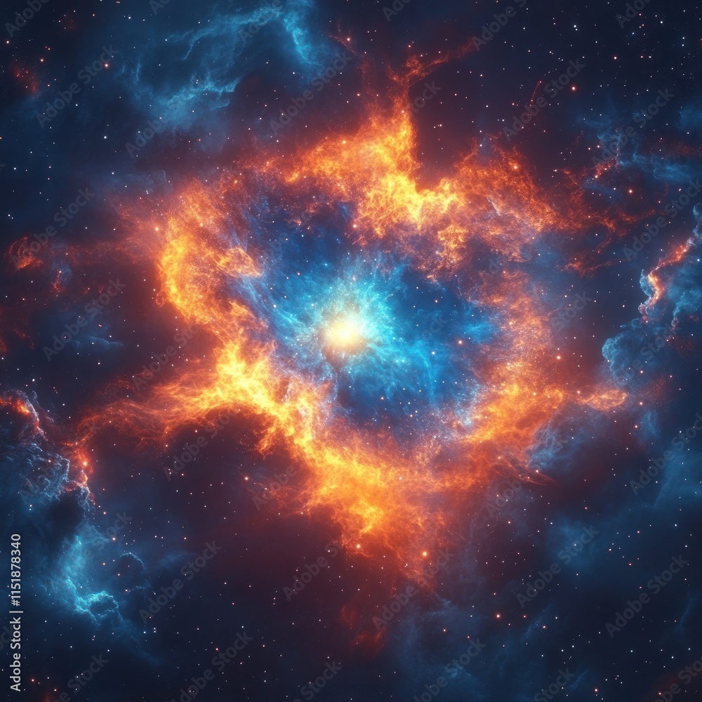 Fototapeta premium Fiery nebula with vibrant orange and blue hues, cosmic dust and stars.
