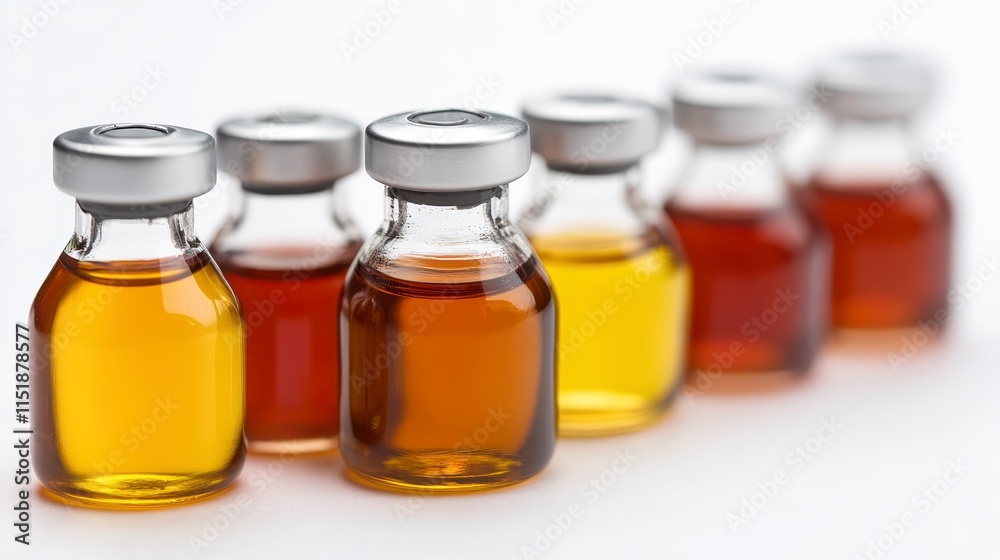 A row of glass vials filled with colorful liquids, showcasing various shades from light yellow to deep amber, reflecting a scientific or medicinal context. A row of glass vials filled with colorful liquids, showcasing various shades from light yellow to deep amber, reflecting a scientific or medicinal context.