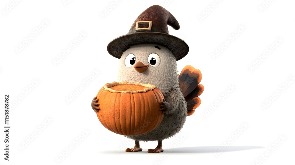 Fototapeta premium Cute Little Turkey with Pumpkin in Watercolor Style Costume