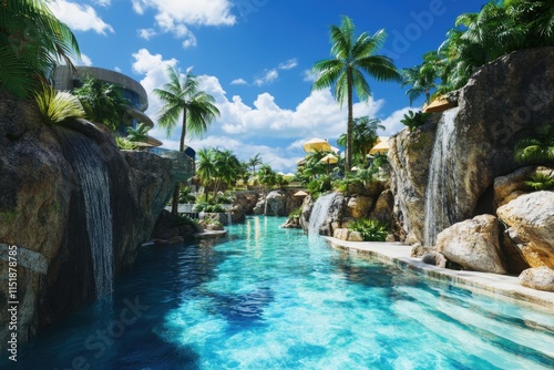 Serene tropical oasis with waterfalls and clear blue water in bright daylight