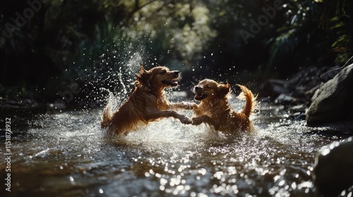 A pair of dogs playfully wrestling in a shallow creek, sending water flying everywhere photo