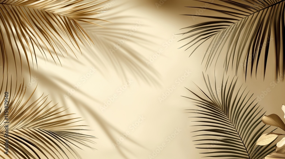 Obraz premium Serene minimalist beige background with palm leaf shadows, perfect for tropical-themed branding, summer marketing, wellness designs, and natural aesthetic presentations.