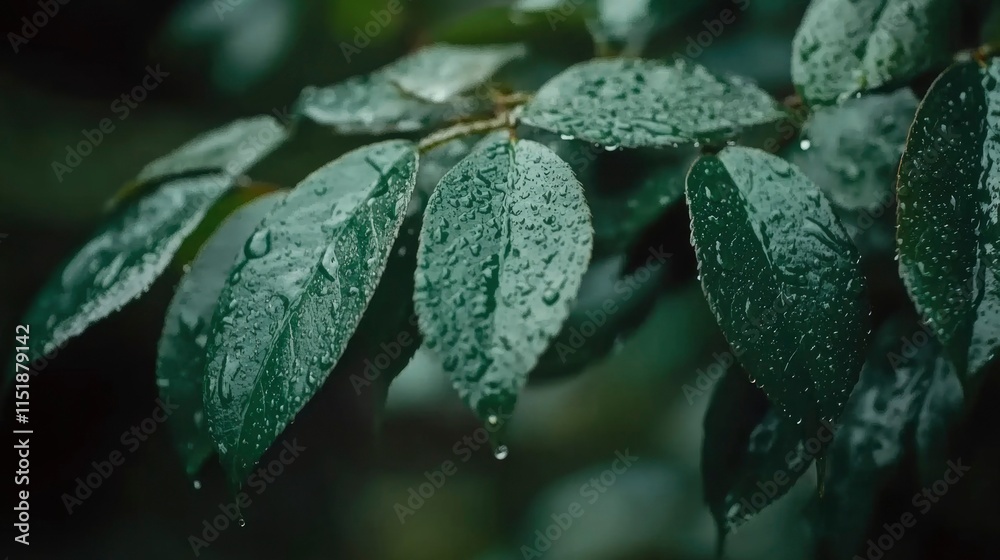 Rain Drops on Lush Green Leaves Of A Plant