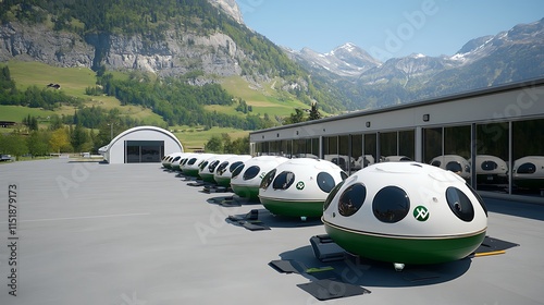 Wallpaper Mural Futuristic Pods Parked on Rooftop with Mountain View Torontodigital.ca