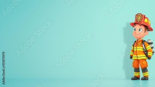 A 4K cartoonish animated clipart of a firefighter in full gear, standing confidently, white background, copy space for text
