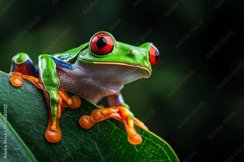 Naklejka premium A vibrant green tree frog clinging to a leaf, its bright eyes contrasting with the lush greenery around it