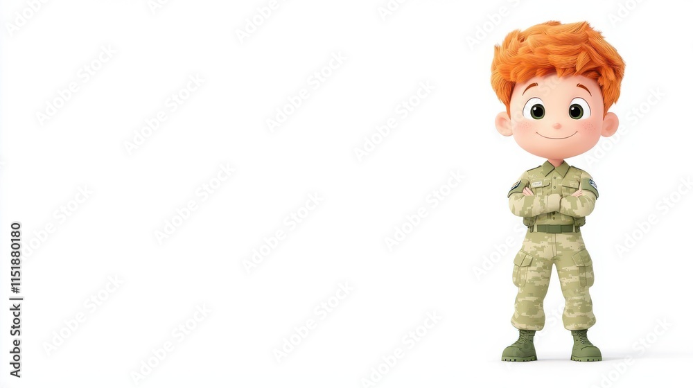 A 4K cartoonish animated clipart of a soldier in uniform, standing confidently, white background, copy space for text A 4K cartoonish animated clipart of a soldier in uniform, standing confidently, white background, copy space for text