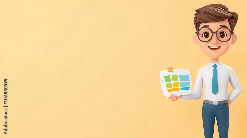 A 4K cartoonish animated clipart of a business analyst holding a data chart, standing on the right side of the image, solid color background, copy space for text A 4K cartoonish animated clipart of a business analyst holding a data chart, standing on the right side of the image, solid color background, copy space for text