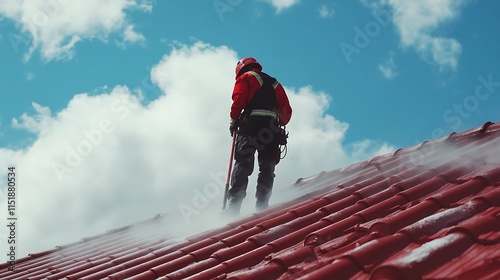 Focused worker in safety equipment cleaning red tiles on a roof, with steam and water spray creating a dynamic scene photo