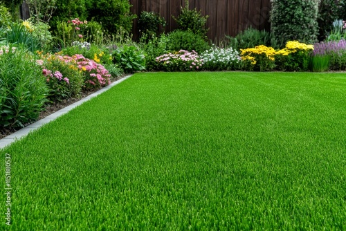 A freshly mowed lawn with perfectly even grass, surrounded by colorful flower beds on a sunny day
