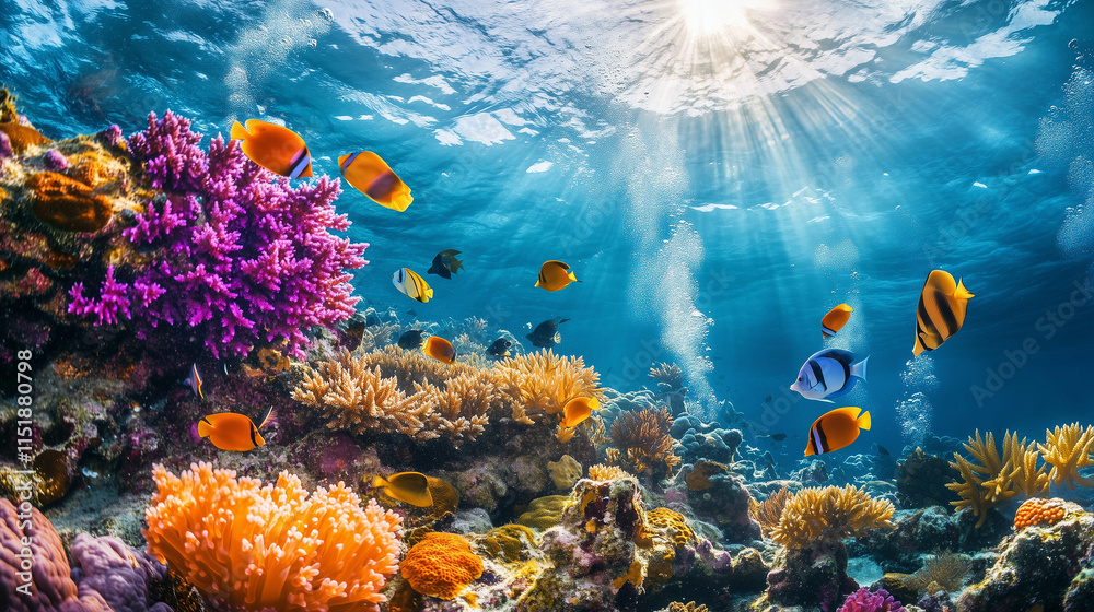 Naklejka premium Vibrant Coral Reef with Tropical Fish, Underwater Paradise