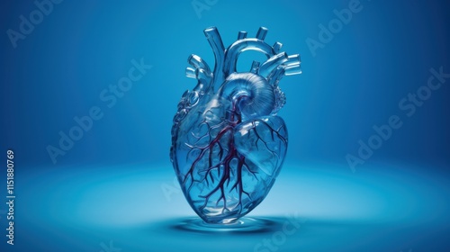 photograph of Glass Heart, the intricate lines of a human heart, transparent against a blue background.