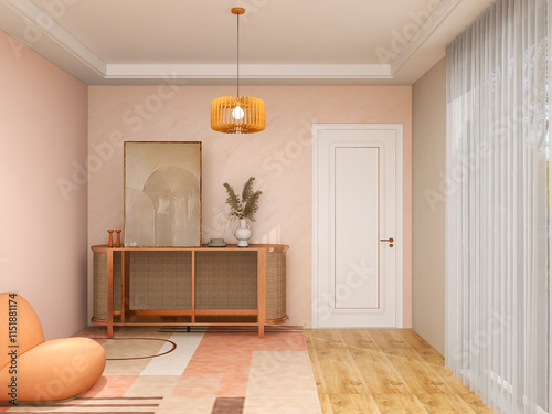 A modern and stylish living room with a blush pink wall, a woven rattan cabinet, a geometric rug, and a hanging pendant light, creating a warm and inviting atmosphere. photo