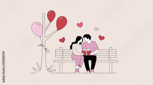 A couple sitting on a park bench surrounded by a few pink and red balloons
