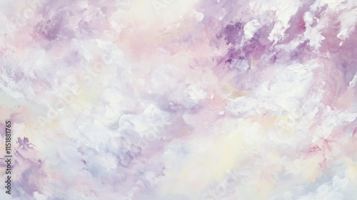 Delicate clouds of pastel pink, lavender, and creamy white drift across a tranquil canvas, blending into soft abstract forms that evoke a serene and ethereal atmosphere. Background 