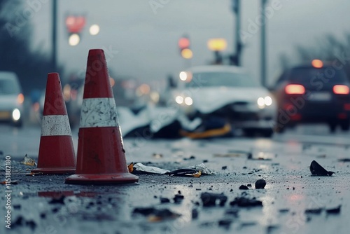 Close-up photo of construction cones on the road against the background of a traffic accident photo