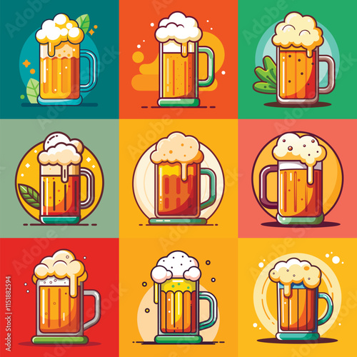 Set of beer glasses, mugs, ribbon, bottle, and hop. Color vintage vector engraving illustration for web, poster, invitation to party. Hand drawn design element isolated on background.