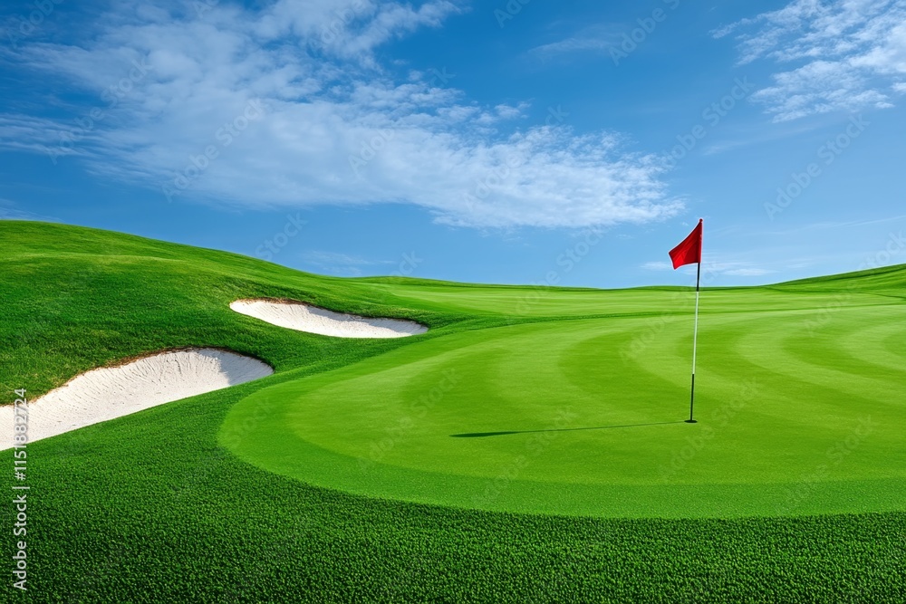 Obraz premium A golf green with perfectly manicured grass, featuring subtle undulations and a flag marking the hole