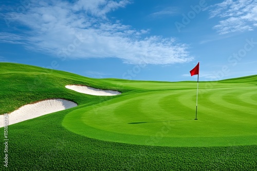 A golf green with perfectly manicured grass, featuring subtle undulations and a flag marking the hole