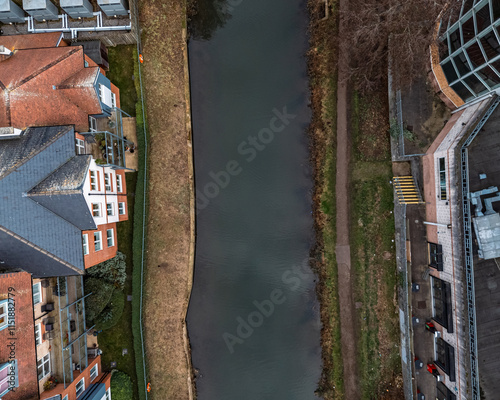 Top down drone view of buildings alongside the river Stort in Bishops Stortford, England photo