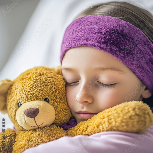 Close-up of a girl with sore throat sleeping hugging a teddy bear in a hospital room