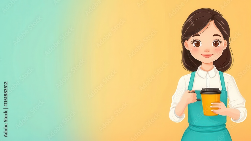 A 4K cartoonish animated clipart of a barista holding a coffee cup, standing on the right side of the image, solid color background, copy space for text A 4K cartoonish animated clipart of a barista holding a coffee cup, standing on the right side of the image, solid color background, copy space for text