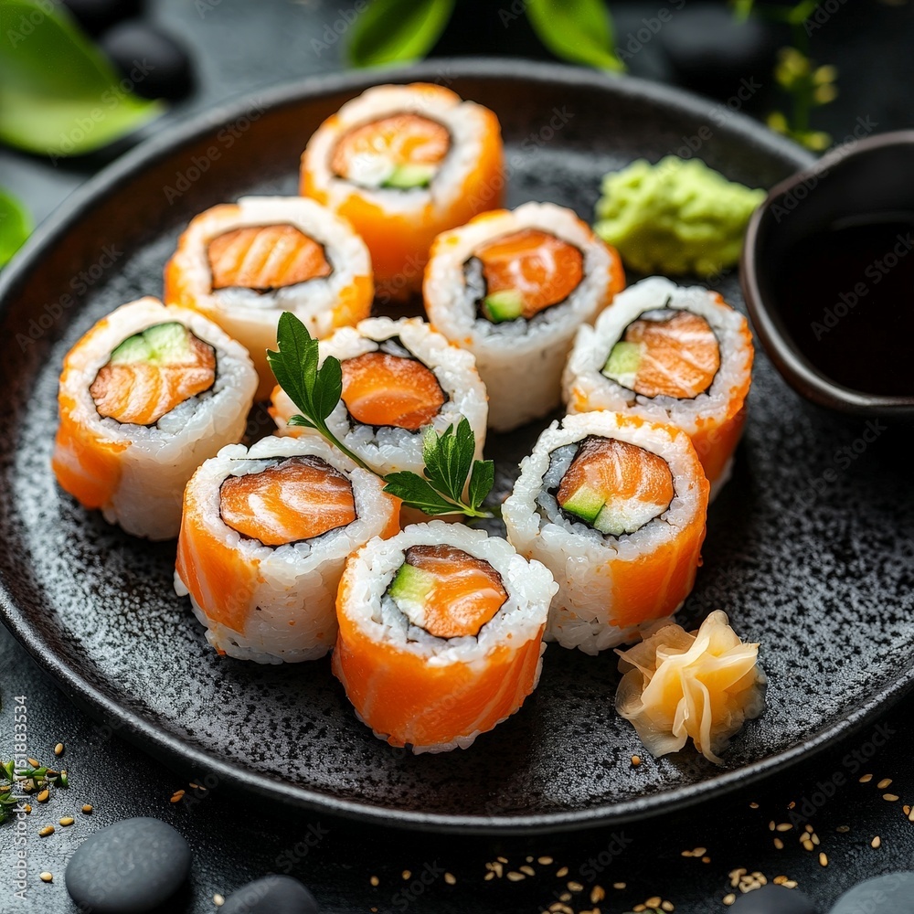 Elegant Salmon Sushi Rolls with Garnish on a Dark Plate Elegant Salmon Sushi Rolls with Garnish on a Dark Plate