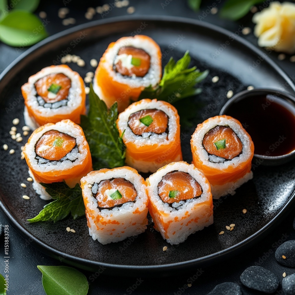 Elegant Salmon Sushi Rolls with Garnish on a Dark Plate Elegant Salmon Sushi Rolls with Garnish on a Dark Plate