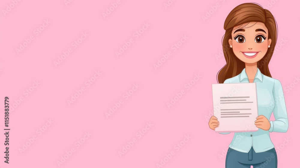 A 4K cartoonish animated clipart of a HR manager holding a resume, standing on the right side of the image, solid color background, copy space for text A 4K cartoonish animated clipart of a HR manager holding a resume, standing on the right side of the image, solid color background, copy space for text