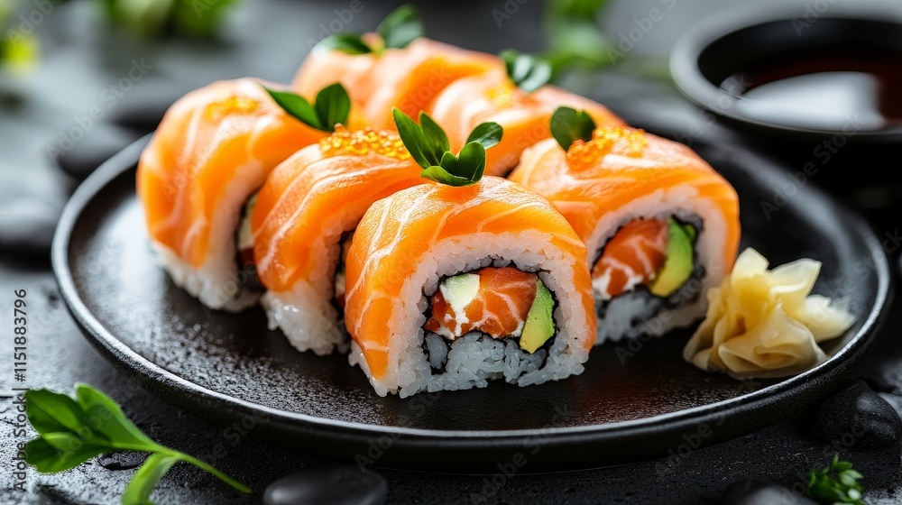 Elegant Salmon Sushi Rolls with Garnish on a Dark Plate Elegant Salmon Sushi Rolls with Garnish on a Dark Plate