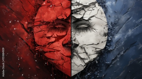 Fractured Identity: A Dualistic Portrait in Red and Blue photo