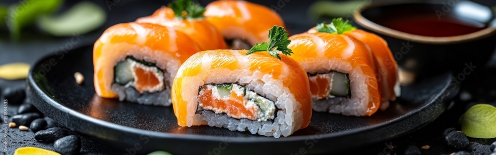 Elegant Salmon Sushi Rolls with Garnish on a Dark Plate Elegant Salmon Sushi Rolls with Garnish on a Dark Plate