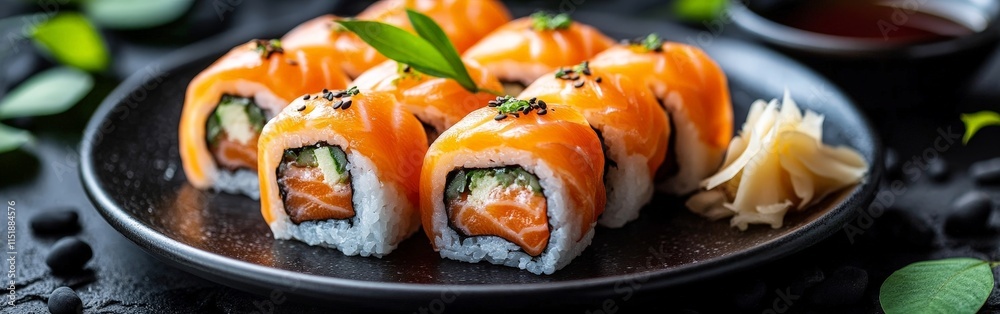 Elegant Salmon Sushi Rolls with Garnish on a Dark Plate Elegant Salmon Sushi Rolls with Garnish on a Dark Plate