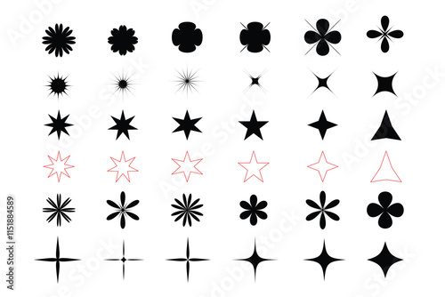A set of various simple shapes, including flowers, stars, and decorative elements, presented on a white background.