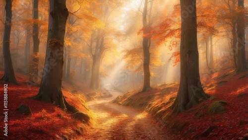 An enchanted forest in autumn, with tall, ancient trees whose golden, red, and orange leaves create a glowing canopy. A narrow path winds through the forest, covered in fallen leaves. Gentle sunlight 