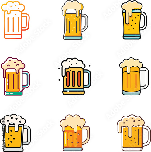 Set of beer glasses, mugs, ribbon, bottle, and hop. Color vintage vector engraving illustration for web, poster, invitation to party. Hand drawn design element isolated on background.